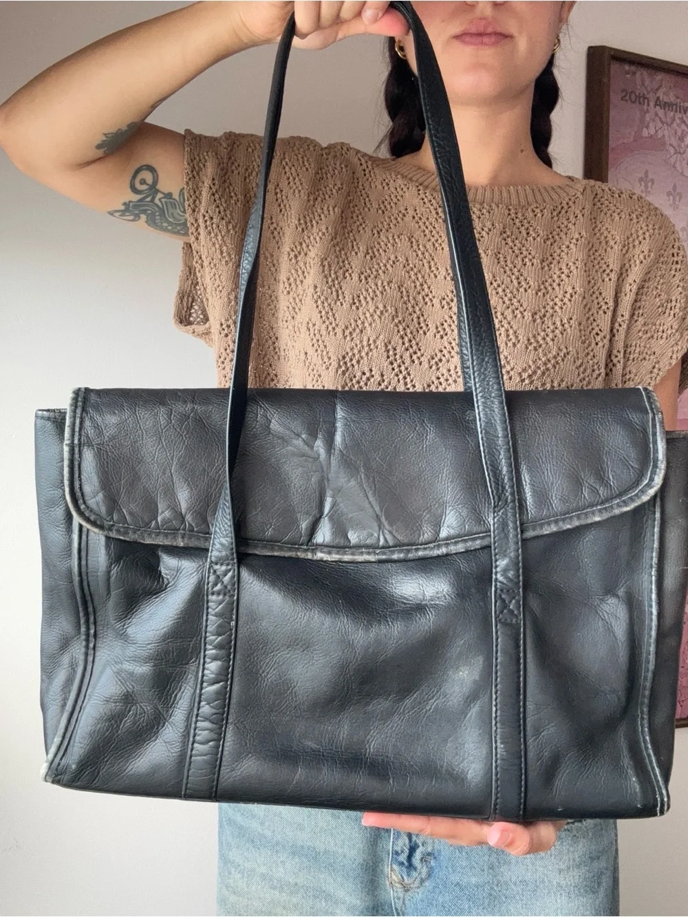 Black Leather tote bag work bag